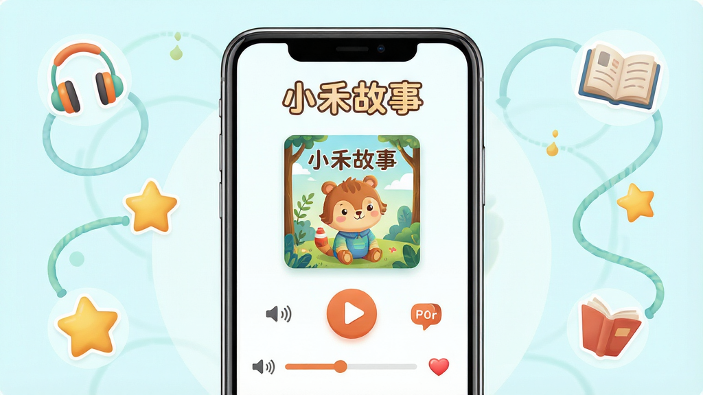 һ��չʾ�ֻ��˶�ͯ����Ӧ�ò��������AI��ͼ������������һ�������ֻ�����Ļ����ʾ�š�С�̹��¡��Ĳ��Ž��棬�������й��·��桢���Ű�ť����Ӣ���л�ͼ�꣬����Ϊ�ֻ����С���Χ�����Ŷ��������ǡ��鱾��Сͼ�꣬�Ű�������������Բ������������ֻ���Ļ���������Ϊ���¿Ƽ��廭�磬ϸ�ڰ��������������������ղذ��ĵ�UIԪ�أ����ʸ���ɾ����޶���Ԫ��