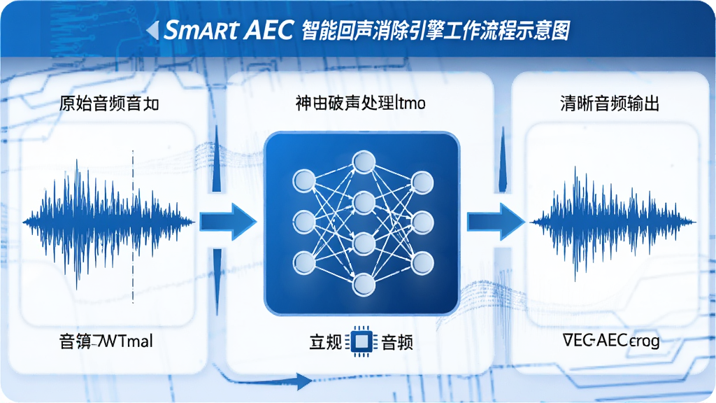 Smart AEC ���ܻ����������湤������ʾ��ͼ�����Ϊԭʼ��Ƶ���Σ��м�Ϊ�����紦��ģ�飬�Ҳ�Ϊ������Ƶ���������Ϊ�㷨����ͼ�����ֺ������У��Ű����������Ϊ�Ƽ�������ɫ��ϸ�ڰ�����������ͷ��оƬͼ�꣬���ʸ��壬�ɾ����޶���Ԫ��