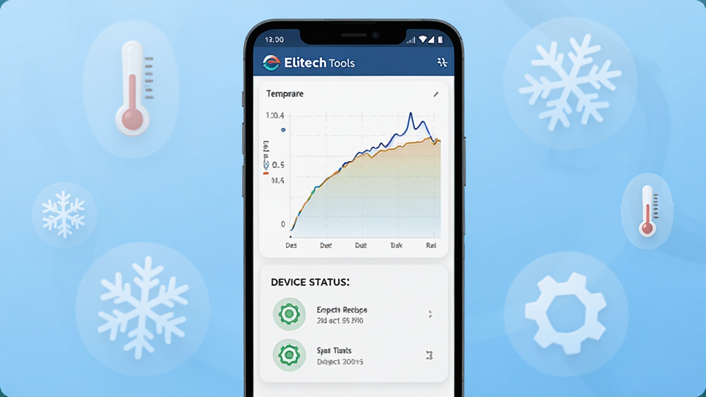 һ��չʾ Elitech Tools ������������ֻ���Ⱦͼ������������һ��������׿�ֻ�����Ļ����ʾ���¶�����ͼ�����豸����״̬��Ƭ������Ϊ�ɾ���ǳ��ɫ���䣬����Ư�����¶ȼơ�ѩ�������ֵȰ�͸��ͼ�꣬��������רҵ�Ƽ��У����������������޶���Ԫ��