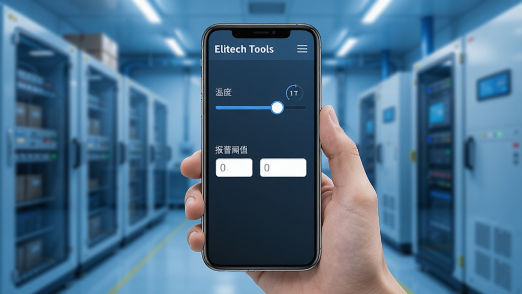 Elitech Tools ���������ͼ����ͼ��������һֻ�������ֻ�����Ļ����ʾ��������ҳ�棬���¶��趨����ͱ�����ֵ����򣬱�����ģ����������������ɫ��ƫ����������ִ��Ƽ��У�����ϸ��ɾ�