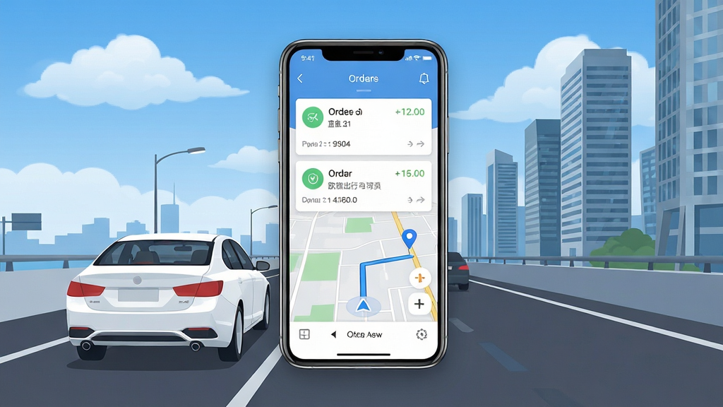 ŷ�ǳ���˾�����ֻ�Ӧ�ý���չʾ������Ϊһ����ɫ�γ���ʻ�ڳ��е�·�ϣ��ֻ���Ļ�����ڻ���������ʾ�����б��͵�����ͼ��������������ƺ��ִ����н���Ⱥ�����ֲ������ĶԳƹ�ͼ���Ű������������Ϊ��ƽ���Ƽ�����ƣ�ϸ�ڰ����ֻ��߿�߹⡢������Ƭ��Ϣ����ͼ·�߱�ǣ����ʸ���ɾ��޶���Ԫ��
