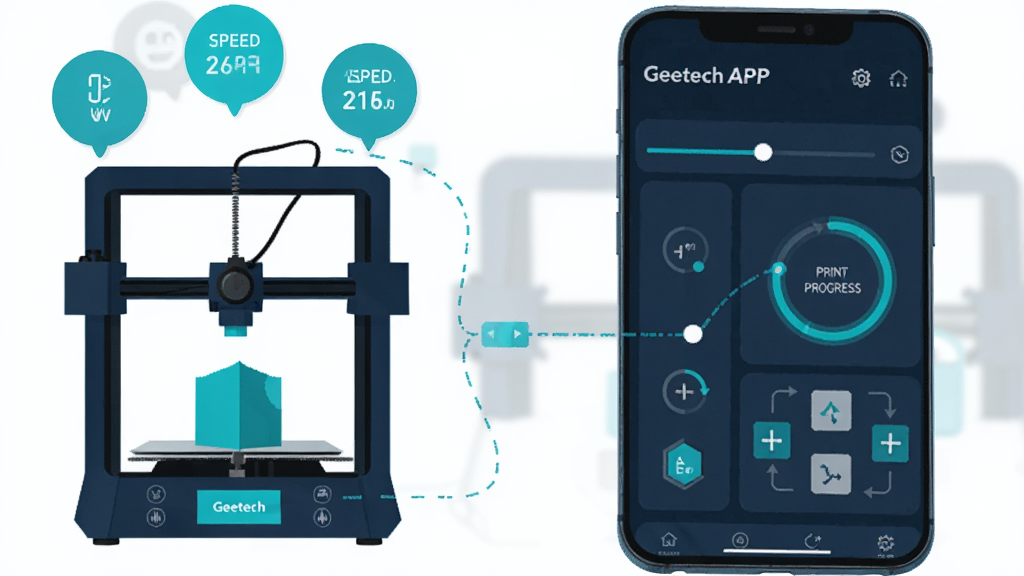 һ�ű���Geeetech APPԶ�̿��ƹ��ܵĽ���ʾ��ͼ��������һ��������õ������ֻ�Ϊ���ģ���Ļ��ʾGeeetech������壬�����¶ȵ��ڻ��顢��ӡ���Ȼ����������ƶ���ť���ֻ����������������һ̨Geeetech 3D��ӡ������ӡ���Ϸ�Ư�����¶ȡ��ٶȡ��������������ݡ����Ϊ��ƽ���Ƽ��廭����ɫ����������ɫΪ�����������������ʸɾ����޶���Ԫ�ء�