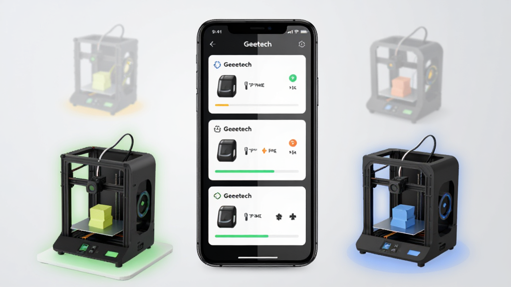 һ��չʾGeeetech APP���豸��������ĸ���ͼ��������һ���ֻ���Ļ������ʾ��̨��ͬ�ͺŵ�Geeetech 3D��ӡ��״̬��Ƭ��ÿ�ſ�Ƭ�����豸���ơ��¶�ͼ��ͽ��������ֻ���Χ��������̨��С���3D��ӡ��ģ�ͣ��ֱ��ò�ͬ��ɫ�Ĺ��α�ʾ���ߡ���ӡ�С�����״̬�����Ϊ�ִ�UI����廭������Ϊǳ��ɫ���䣬�Ű����룬�����������޶���Ԫ�ء�