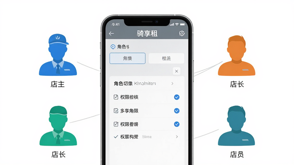 �������̼Ҷ��ɫȨ�޹������棬��������Ϊһ���ֻ�����Ļ��ʾ��ɫ�л���Ȩ�޹�ѡ�б����ֻ���Χ����������ͬ��ɫ�������Ӱͼ�꣬�ֱ�����������곤���Ա��������Ϊ�������磬��ɫ�ԻҰ�����ɫ��׺�������ɾ��������������޶���Ԫ�ء�