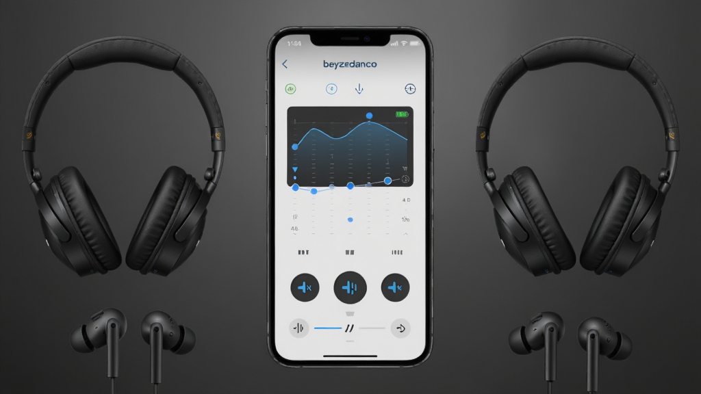 һ��չʾbeyerdynamic��������Ӧ�ý���ĳ���ͼ������Ϊһ�������ֻ���Ļ��ʾ����������壬��Χ���ư���ͷ��ʽ���������ʽ������һ�������ֲ������ĶԳƹ�ͼ���ֻ����ж����������࣬���Ϊ�ִ��Ƽ���Ʒ��Ӱ�磬ϸ�ڰ�����Ļ�ϵľ��������ߡ�����ָʾ�����뿪��ͼ�꣬����Ϊ���ɫ���䣬���ʸ���ɾ����޶���Ԫ��