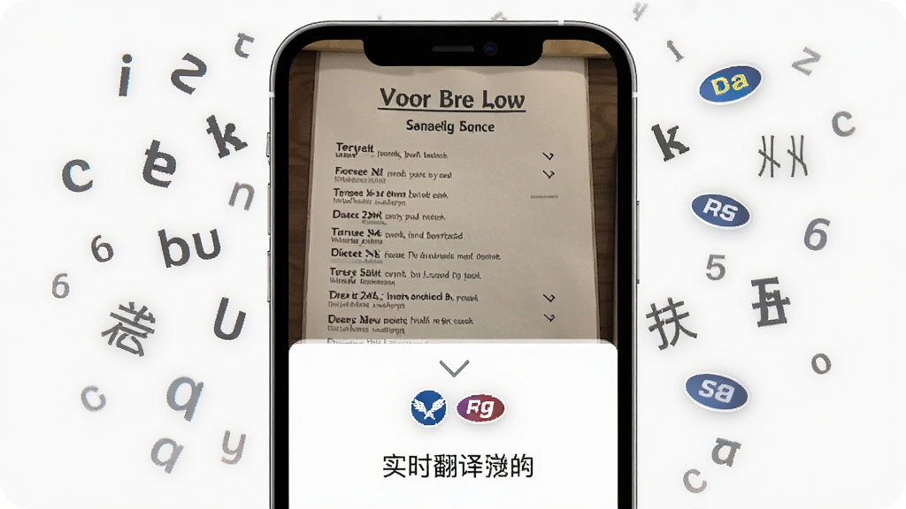 ������ʶ��ʦʵʱ���빦��չʾ���ֻ���Ļ��ʾһ��Ӣ�Ĳ˵���Ƭ��ʶ����·��������ķ�����������Ϊ�ֻ����У���Χ������Ӣ����ĸ�������ַ���Ư��Ԫ�أ����Ϊ���ʻ���Լ��ƣ�ϸ�ڰ����˵����֡������ͷ������ͼ�꣬���ʸ��壬�ɾ��޶���װ��