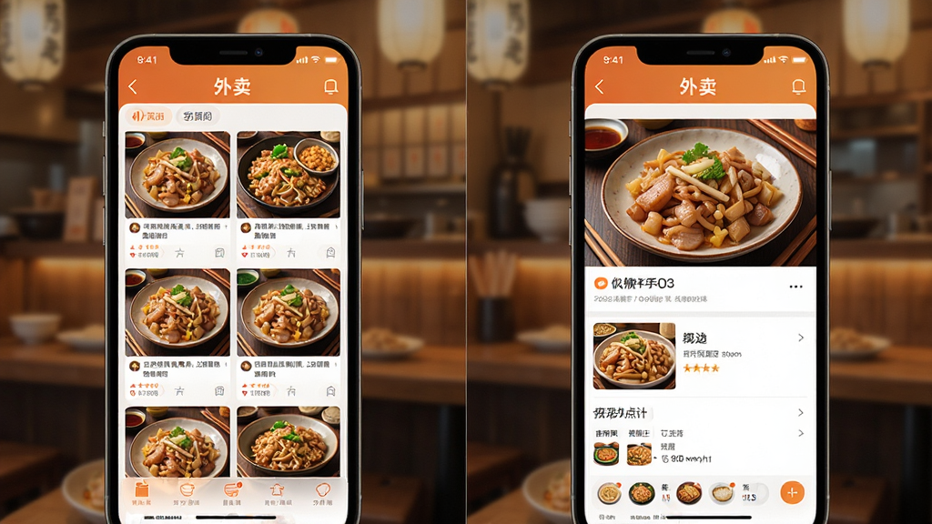 筷子生活APP外卖点餐页面展示图,手机屏幕中呈现餐厅列表和菜品详情,画面以暖色调为主,布局清晰,风格写实,细节丰富,画质干净,无多余元素