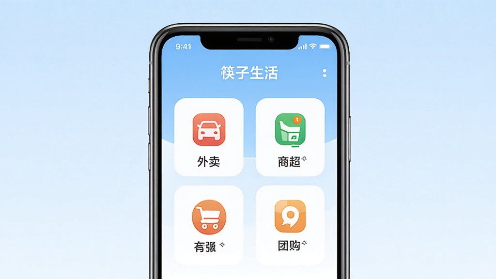 一张展示筷子生活APP首页界面的手机样机图,画面中央是一部竖屏智能手机,屏幕内显示筷子生活应用的主页,包含外卖、商超、团购等功能入口图标,背景为浅蓝色渐变,风格简洁现代,细节清晰,画质干净,无多余元素