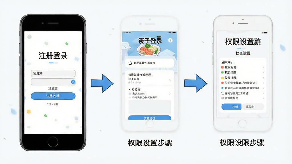 筷子生活APP使用教程示意图,手机屏幕中展示注册登录和权限设置步骤,画面配有箭头指引,风格简洁明了,细节清晰,画质干净,无多余元素