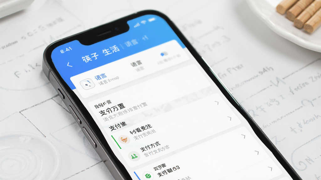 筷子生活APP多语言切换与支付设置界面展示图,手机屏幕中显示语言选项和支付方式列表,界面简洁,风格商务,细节清晰,画质干净,无多余元素