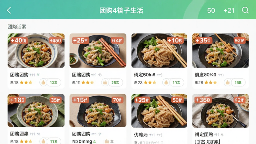 筷子生活APP团购优惠活动页面截图,手机屏幕上展示多个团购套餐卡片和折扣标签,配色清新明亮,排版整齐,风格现代,画质干净,无多余元素