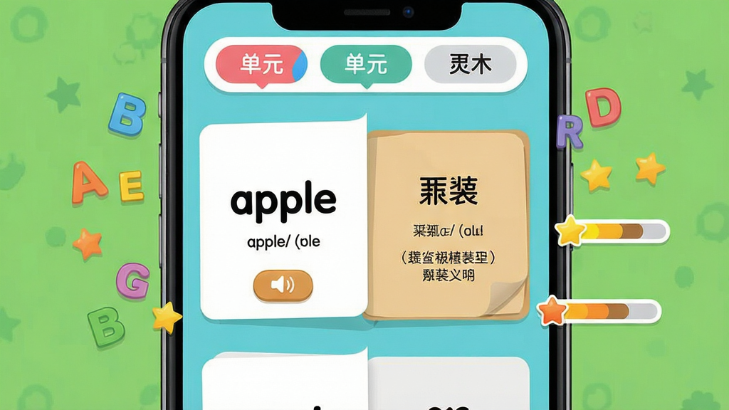 ���꼶Ӣ���ϲ���������ѧϰģ����棬�����������ֻ���Ļ����Ļ����ʾ���ʿ�Ƭ��תЧ����������Ӣ�ĵ���apple�����꣬������������������䣬��Ƭ��ΧƯ������ĸ��С���Ǻͽ�����������Ϊ���½ṹ���Ϸ�Ϊ��Ԫѡ�������·�Ϊ��Ƭ���򣬲�����������ı�ƽ����Ʒ��ϸ�ڰ�����ɫ��ǩ�ͷ�����ť�����������ɾ��޶���Ԫ��