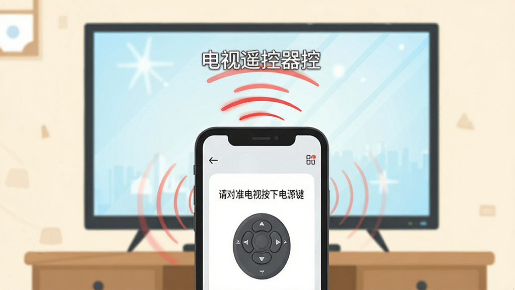 一张展示电视遥控器控使用指南的图片,画面中央是一部手机,手机屏幕上显示着配对引导界面,有“请对准电视按下电源键”的文字提示,手机前方是一台电视,电视屏幕亮起,布局居中,风格为扁平化教程插画风,细节上手机与电视之间有红色红外信号波纹,画质高清,干净整洁,无多余元素,图片中打文字“电视遥控器控”