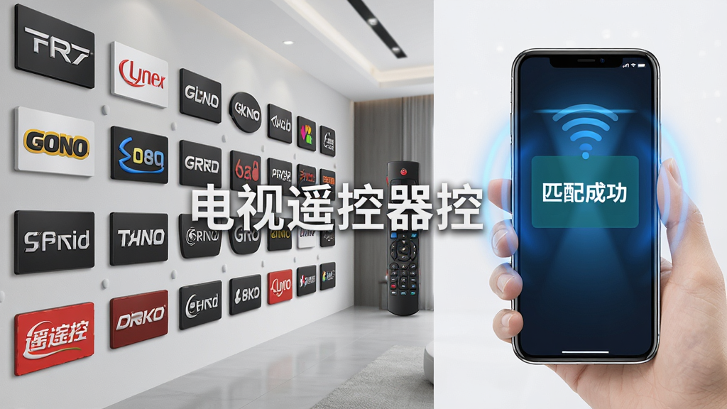 一张展示电视遥控器控海量红外码库的图片,画面左侧是一排排列整齐的电视品牌Logo墙,右侧是一部手机正在扫描并匹配遥控器信号,手机屏幕显示“匹配成功”字样,布局左右分栏,排版规整,风格为简约商务风,细节上品牌Logo带有轻微立体感,手机屏幕有蓝色光效,画质高清,干净整洁,无多余元素,图片中打文字“电视遥控器控”