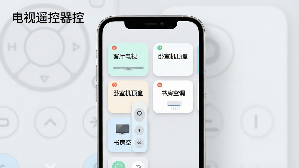 一张展示电视遥控器控多设备管理界面的图片,画面中央是一部手机,手机屏幕上显示着多个遥控器卡片,分别标注“客厅电视”“卧室机顶盒”“书房空调”,卡片排列整齐,布局居中,风格为清新浅色系,细节上卡片带有圆角与柔和阴影,背景为浅灰色,画质高清,干净整洁,无多余元素,图片中打文字“电视遥控器控”