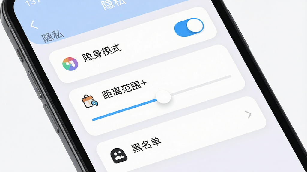 һ��չʾ����APP��˽����ҳ����ֻ�����ͼ������Ϊ�ֻ���Ļ����Ļ����ʾ��˽����ѡ���б������ְ�������ģʽ���ء����뷶Χ���顢��������ڣ��Ű����룬���Ϊ�������Ĺ�������棬ϸ�ڰ���������ͼ�ꡢ��͵�ɫ��Բ�ǿ�Ƭ�����ʸ��壬�ɾ����޶���Ԫ��