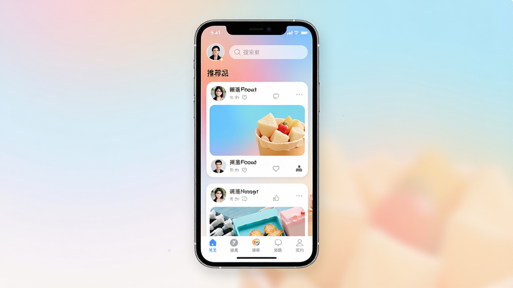 һ��չʾ����APP��������ֻ�ģ��ͼ������Ϊһ�����������ֻ�����Ļ����ʾ����Ӧ�õ���ҳ�Ƽ��������ְ��������û�ͷ�������������в�Ϊ��Ƭʽ�û���̬���ײ�Ϊ���������Ű���У����Ϊ�ִ������罻Ӧ�ý��棬ϸ�ڰ�����͵Ľ��䱳����Բ�ǿ�Ƭ������ɫ�ʣ����ʸ��壬�ɾ����޶���Ԫ��