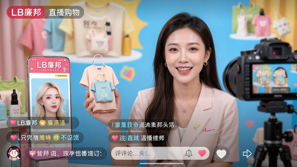 LB廉邦直播购物场景,画面中一位主播正在镜头前展示商品,手机屏幕下方有商品链接和评论输入框。布局为直播画面占据主体,风格活泼明亮,细节包含商品特写和用户弹幕,画质高清,干净,无多余元素。