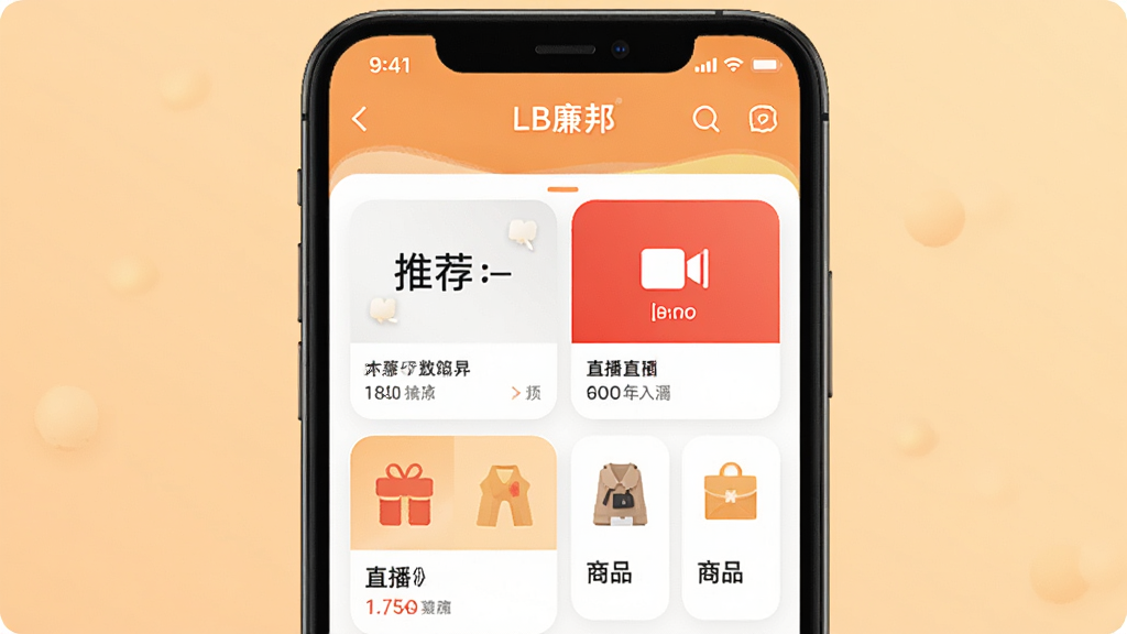 LB廉邦应用主界面展示,画面中央是一部智能手机,屏幕上显示着LB廉邦的首页,包含品牌推荐、直播入口和商品分类图标。背景为柔和的暖色调,布局清晰简洁,风格现代扁平化,细节上突出应用图标和商品卡片,画质高清,干净,无多余元素。