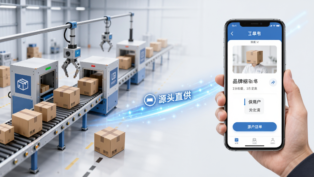 LB廉邦品牌供应链概念图,画面左侧是工厂生产线,右侧是用户手机下单界面,中间用一条光带连接,象征源头直供。布局左右对称,风格简洁商务,细节包含商品包装箱和物流图标,画质清晰,干净,无多余元素。