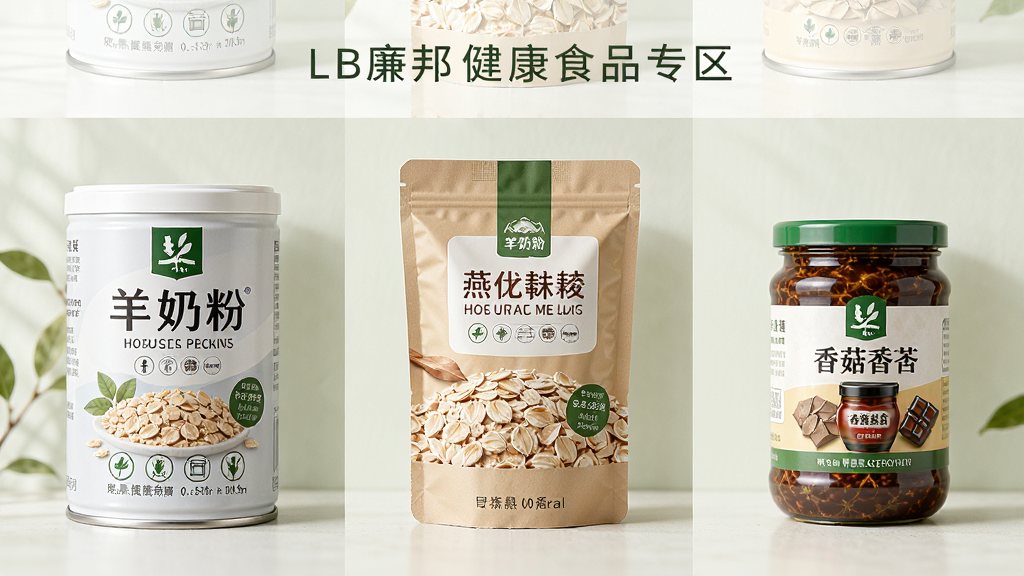 LB廉邦健康食品专区页面,画面中展示羊奶粉罐、燕麦麸皮包装和香菇酱瓶,排列整齐。布局采用网格陈列,风格清新自然,细节包含产品标签和营养信息图标,画质细腻,干净,无多余元素。