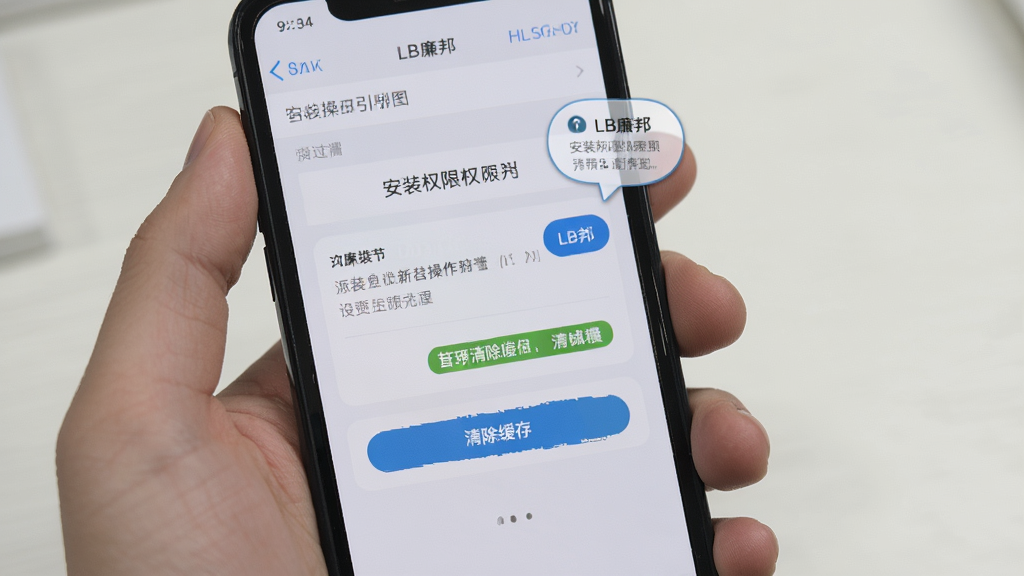 LB廉邦新手操作引导图,画面中一只手拿着手机,屏幕上显示安装权限设置界面和清除缓存按钮。布局为手部特写与手机屏幕结合,风格写实清晰,细节包含设置菜单和提示气泡,画质高清,干净,无多余元素。