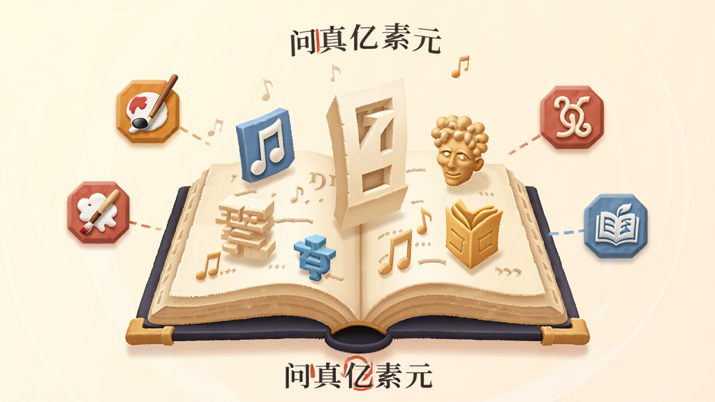 一幅描绘问真亿素元知识库功能的插画,画面中心是一本展开的古书,书页上浮现出立体的文字和图案,周围环绕着代表不同知识领域的图标,如音乐、绘画、哲学符号等。背景是柔和的暖色调,风格简洁现代,带有轻微的书卷气息,画质清晰,干净无多余元素,画面中适当位置带有“问真亿素元”文字标识。