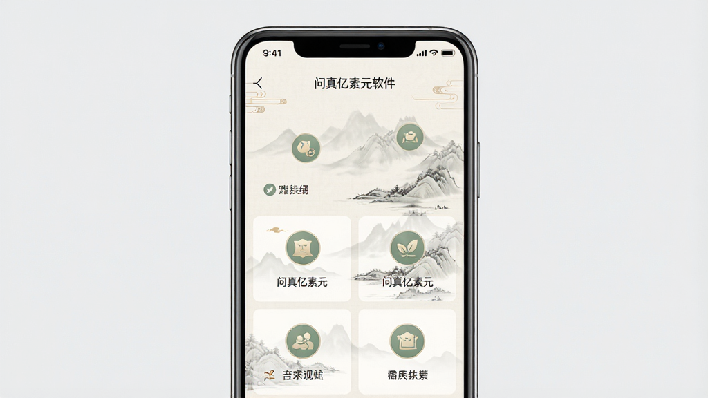 一张展示问真亿素元软件界面的手机预览图,画面中央是一部现代智能手机,屏幕上显示着问真亿素元应用的首页,包含柔和的自然色调背景、简洁的模块布局和传统文化元素装饰,如淡墨山水纹理和圆形图标。整体风格清新雅致,细节清晰,画质干净,无多余元素,背景为纯净的浅灰色,突出手机屏幕内容。