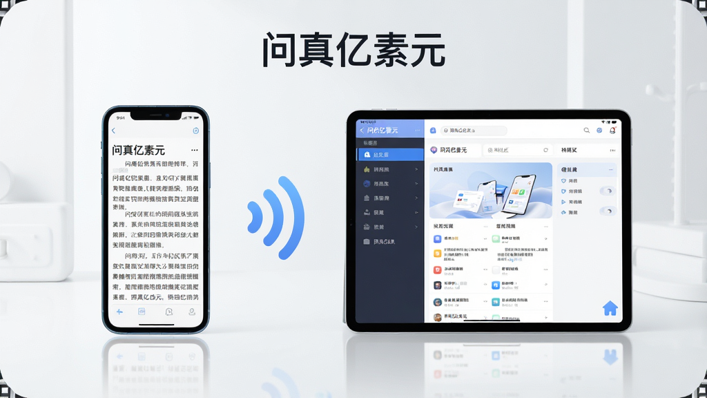 一张展示问真亿素元在手机和平板设备上同步使用的场景图,画面左侧是一部竖屏手机显示阅读界面,右侧是一台横屏平板显示社区界面,两者通过无线信号图标连接,背景简洁明亮,风格现代科技感,画质清晰,干净无多余元素,画面中带有“问真亿素元”文字。