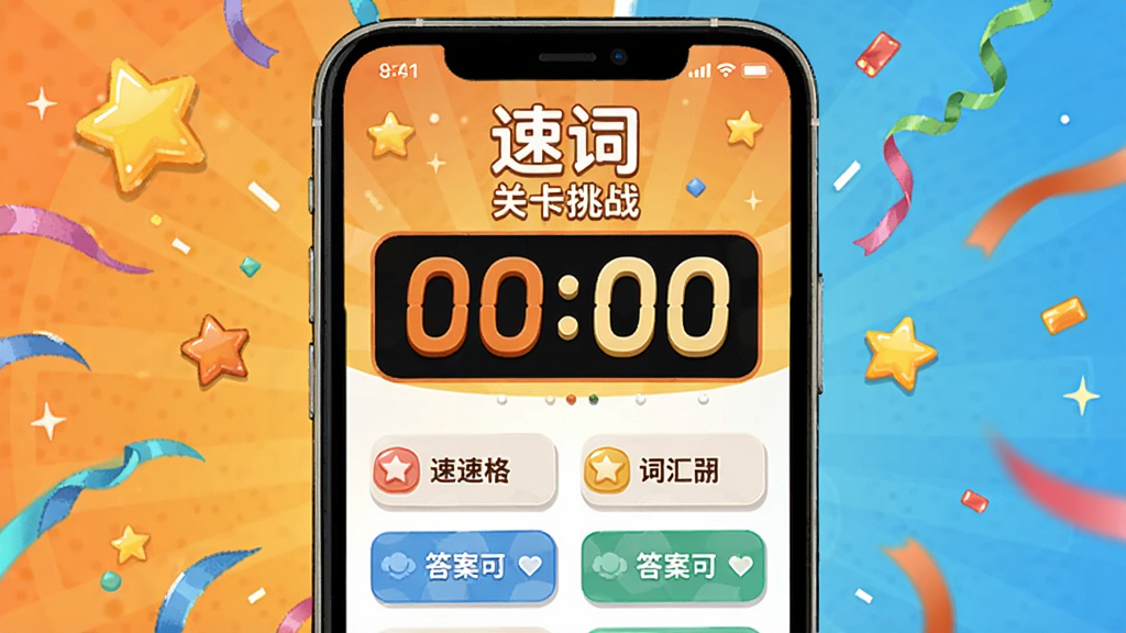 �ٴ�Ӧ���ڴʻ㴳�ؽ����ͼ���廭���������ֻ���Ļ��ʾ�ٴʹؿ���ս������ʱ������Ŀ���ĸ���ѡ���������룬���������ǺͲʴ���׺������ͻ�������־��У������ã�ϸ�ڷḻ�������������ɾ��޶���Ԫ��