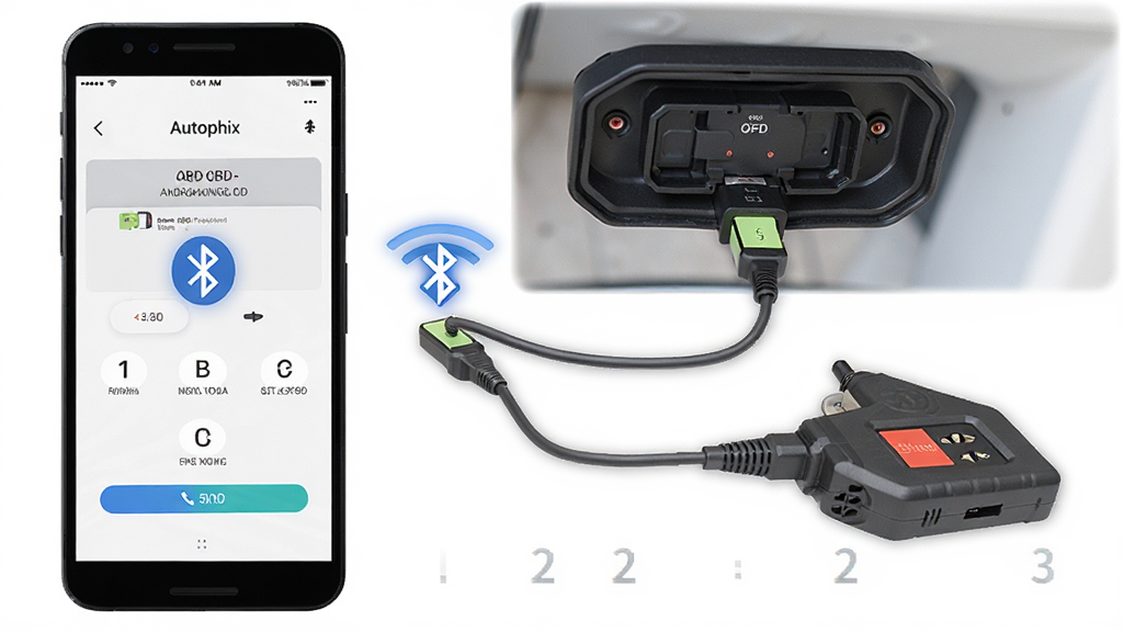 Autophix��׿�ֻ�����OBD��ϲ�������ʾ��ͼ������չʾ�ֻ���Ļ���������복��OBD�ӿ�����˳������Ϊ�ֻ������ͷ������Ϊ����ʽ���У������˵��ͼ��ϸ�ڰ���1-2-3�����ʶ������ͼ�꣬���������ɾ����޶���Ԫ��