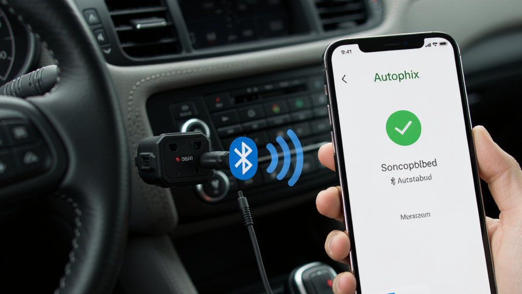 Autophix��������OBD�ӿڲ�������������չʾ�ֻ��복��OBD���ͷͨ�������ź����ӣ�����Ϊ��ʻ�����Σ�����Ϊ�ֻ���Ļ��ʾ���ӳɹ����棬���ּ�࣬���дʵ��ϸ�ڰ���OBD�ӿ����źŲ��ƣ����������ɾ����޶���Ԫ��