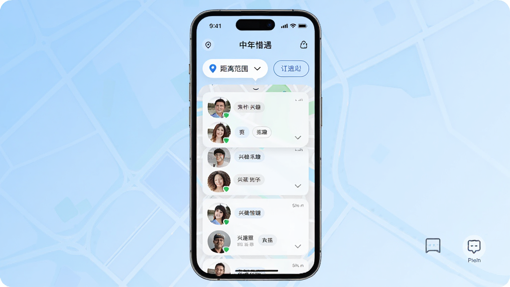 ����ϧ��ͬ��ƥ�书�ܽ��棬�ֻ���Ļչʾ��ͼ���û�ͷ���б�����ע���뷶Χ����Ȥ��ǩ������Ϊǳ��ɫ���䣬����Ϊ�ֻ������Ԫ�أ����־��У��Ű�����������ִ���Լ��ϸ�ڰ�����λͼ�ꡢɸѡ��ť���û���Ƭ�����ʸ��壬�ɾ��޶���Ԫ��