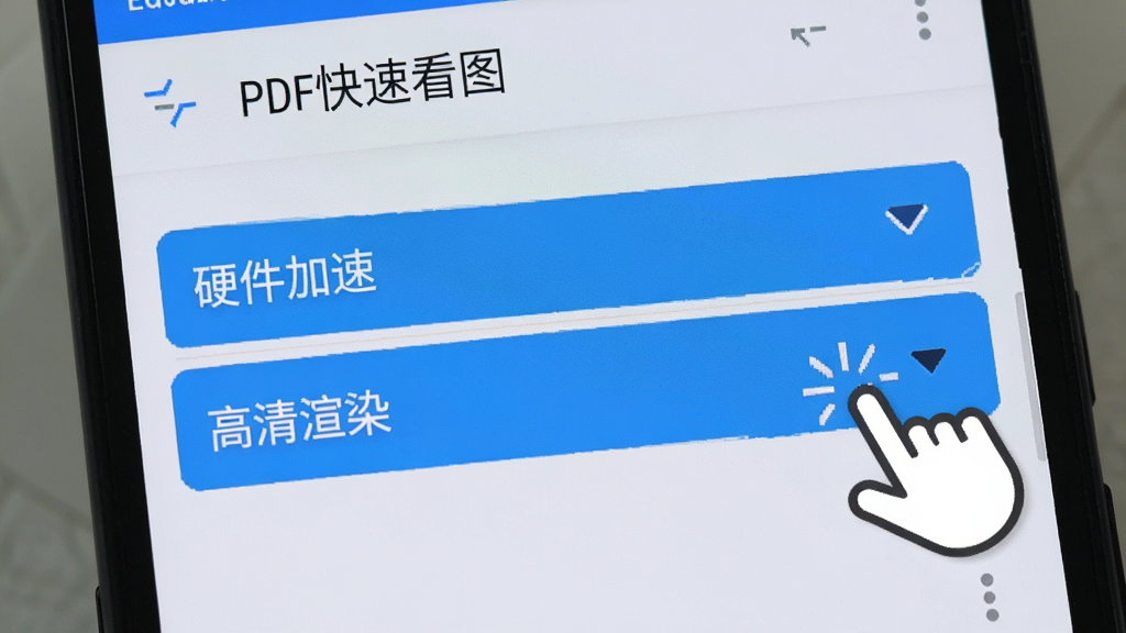 һ����׿�ֻ���ʾPDF���ٿ�ͼӦ�õ����ý��棬�����С�Ӳ�����١��͡�������Ⱦ��ѡ�������ע���Ա�����ָ�����ͼ�꣬�������ơ�PDF���ٿ�ͼ���ڶ���������Ϊǳɫ������࣬�����������޶���Ԫ�ء�