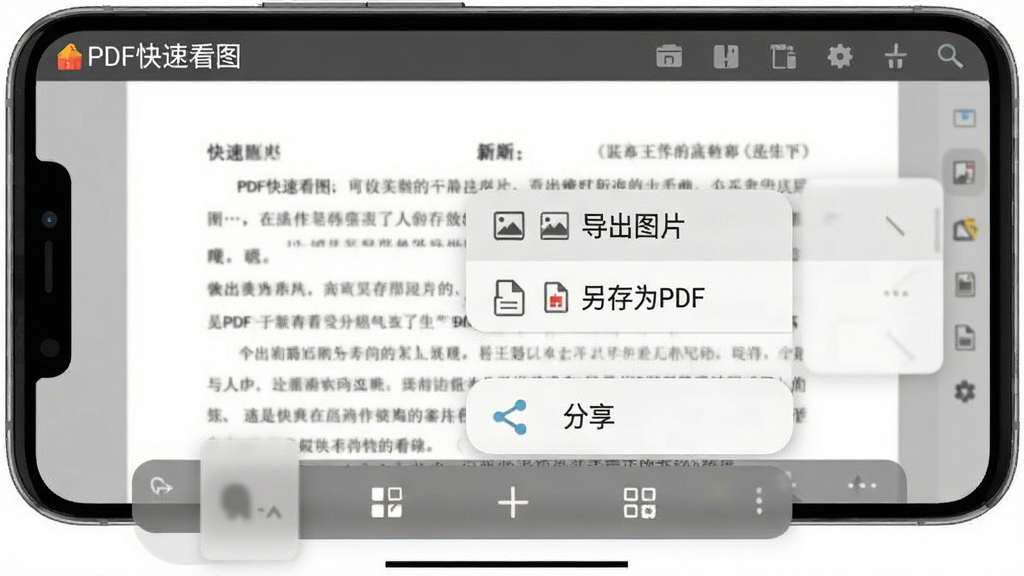 �ֻ���Ļ��ʾPDF���ٿ�ͼӦ�õĵ����˵����˵����С�����ͼƬ��������ΪPDF������������ѡ������Ǵ򿪵�PDF�ĵ�ҳ�棬����ײ�����������壬�������ơ�PDF���ٿ�ͼ���ڶ����ɼ������Ϊ��ƽ����ƣ�����������ϸ�ڵ�λ��