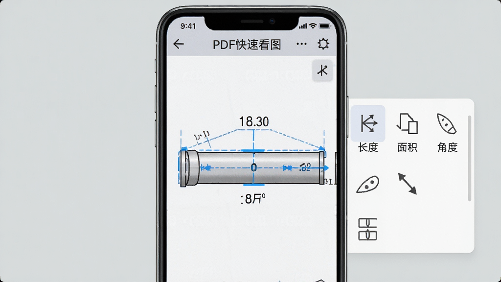 �ֻ���Ļ����ʾPDF���ٿ�ͼӦ�����ڲ���һ�ιܵ����ȣ�ͼֽ������ɫ�����ߺ���ֵ��ע���Ա߹�����չ����ʾ���ȡ�������Ƕȵ�ͼ�꣬�������ơ�PDF���ٿ�ͼ�������ڽ��涥�������岼��Ϊ�����ֻ���д�����רҵ��࣬����������������Ԫ�ء�