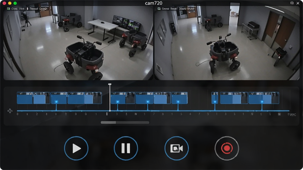 ����չʾcam720������ʱ����طŽ��棬��Ļ������һ������ʱ���ᣬʱ��������������ɫ¼��Ƭ�α�ǣ��Ϸ���ʾ��ػ��棬�·��в��š���ͣ����ͼ��¼���ĸ�Բ�ΰ�ť������Ϊ��ɫ��͸�����֣�������Ƽ���ǿ��ϸ�����������ʸ��壬����ɾ����޶���Ԫ��