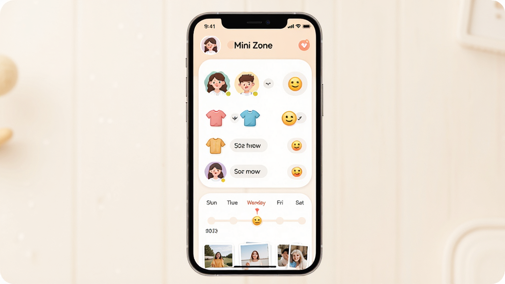 Mini Zone��ͥ�����³��봩���ռǽ��棬����Ϊ�ֻ���Ļչʾ��ͥ��Աͷ����������б�������ʱ���ᣬ���ֲ������½ṹ���Ű�����ܰ��������Բ�ǣ�ϸ�ڰ�����ɫ����ͼ�ꡢ����������Ƭ����ͼ�����ʸ��壬����ɾ����޶���Ԫ��