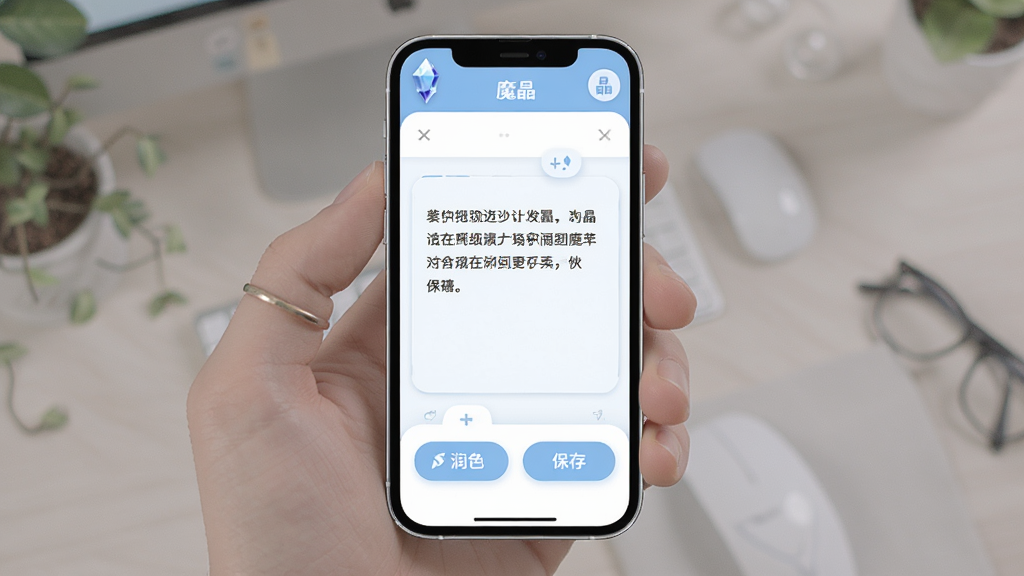 ����չʾ��ħ���������༭���棬�ֻ���Ļ����Ϊ�ɱ༭�ı������·�����ɫ��ť�ͱ��水ť������������Բ����ƣ���ɫΪǳ�����ɫ������������ϸ�ھ��£����ʸ��壬�ɾ��޶���Ԫ��