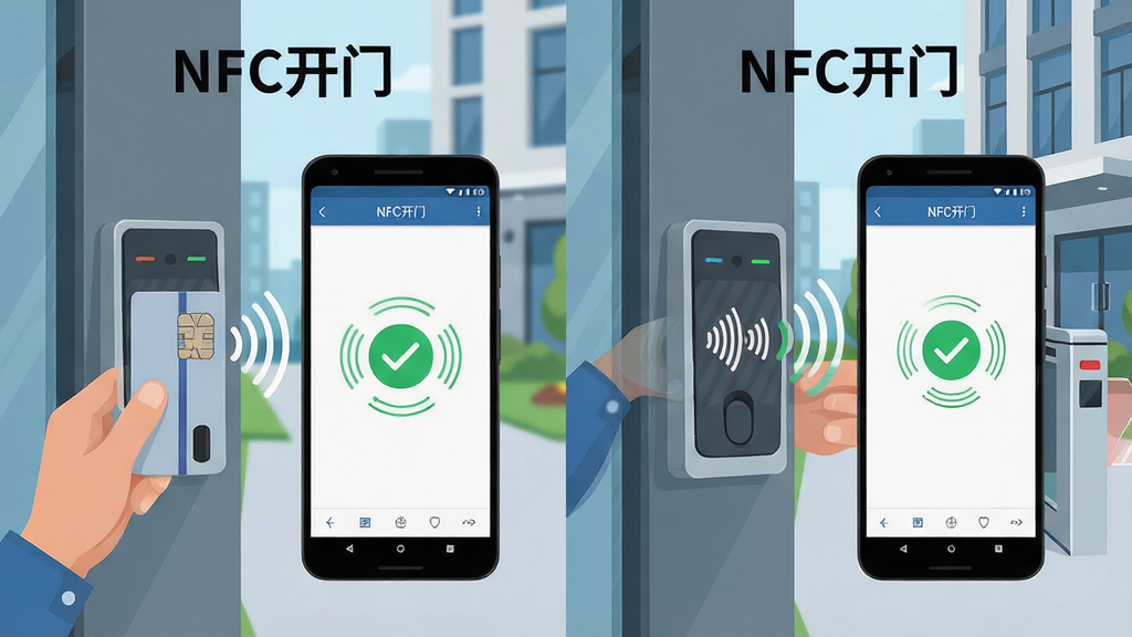 һ��չʾNFC�����������Ĺ��ܵĳ���ͼ��������һ����׿�ֻ������Ž����������ֻ���Ļ��ʾNFC����Ӧ�ý����ģ��ɹ�����ɫ�Թ�ͼ�꣬�������ִ���С����Ԫ�źͰ칫¥բ�������ֲ������ҷ����Ա���ʽ�����Ϊʵ���Ž������Ҳ�Ϊ�ֻ�NFC���ţ��Ű������������Ϊ�Ƽ��б�ƽ�廭��ϸ�ڰ����źŲ��ơ���ƬоƬ�������ֻ�UIԪ�أ����ʸ��壬�ɾ��޶���Ԫ�أ����������֡�NFC���š������ɼ�