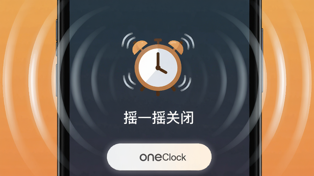 �ֻ�����oneClock���������������棬�������ֻ���Ļ��ʾһ�������񶯵�����ͼ��͡�ҡһҡ�رա�����ʾ���֣��ֻ���Χ�ж�̬����Ч��������Ϊ�ֻ���Ļ��д�����־��У����Ϊ��̬�廭��ϸ�ڰ���������ɢ����ť�������������������ʸ��壬�ɾ����޶���Ԫ�ء�