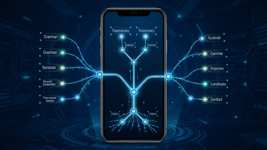 һ��Ӣ���﷨AI��֪ʶͼ�׹��ܵ�ʾ��ͼ������Ϊ�ֻ���Ļ��ʾ��״�﷨֪ʶ���磬����Ϊ�ֻ����У�����Ϊ����ɫ�Ƽ��пռ䣬�Ű�ͻ���ڵ������ߣ����Ϊδ�������Ƽ��磬ϸ�ڰ�������ڵ㡢�﷨��ǩ���������������ʸ��壬�ɾ��޶���Ԫ��