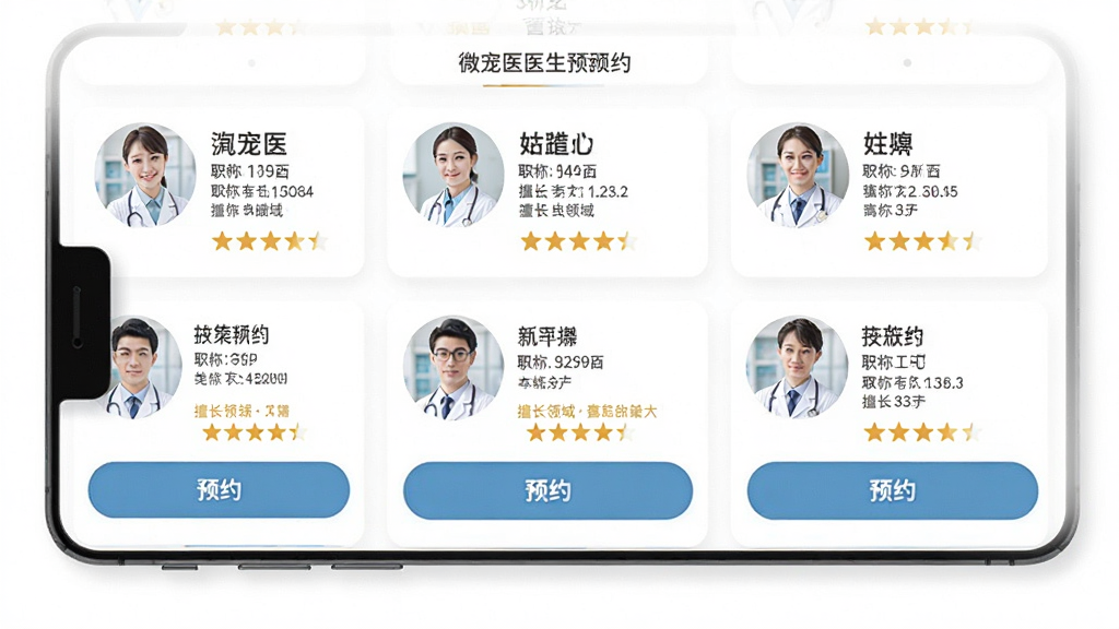 ΢��ҽҽ��ԤԼҳ�棬�ֻ���Ļ��ʾҽ���б���ÿλҽ��չʾͷ��������ְ�ơ��ó�����������Ǽ����·���ԤԼ��ť������Ϊ��ɫ�����ϸ����ͻ��ҽ����Ϣ��ԤԼ�������򣬻��ʸ��壬�Ű�����