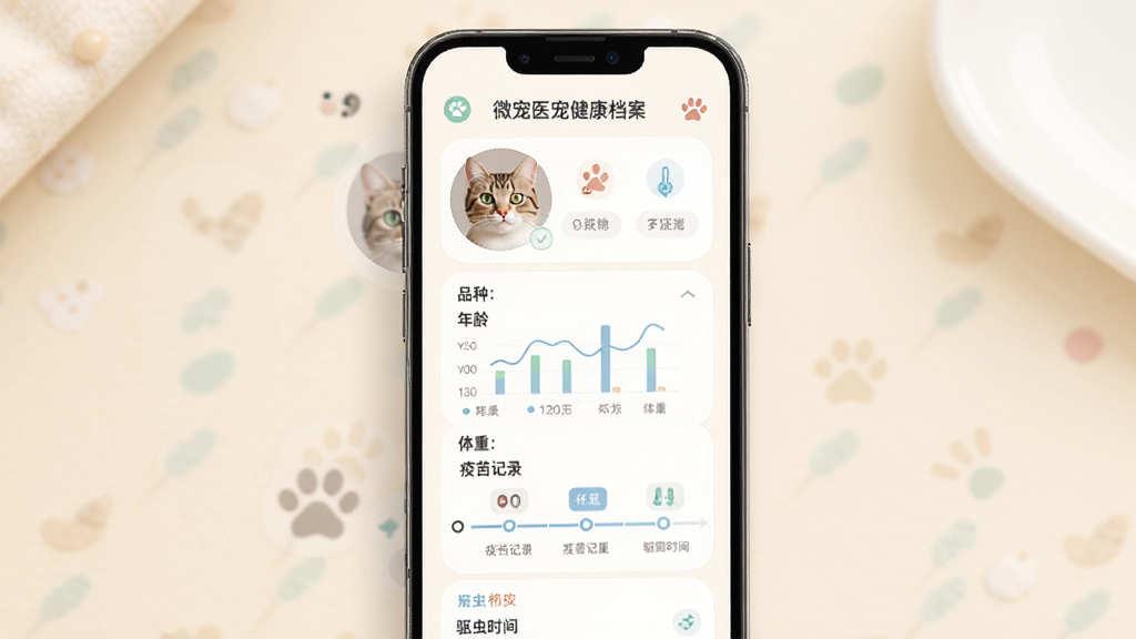 ΢��ҽ���｡������ҳ�棬�ֻ���Ļ��ʾһֻè��ĵ��ӽ�������������ͷ��Ʒ�֡����䡢���ء������¼������ʱ���ᣬ�����Ű�������������Բ�ǣ�����Ϊ���ŵ��װ�ɫ��ϸ����ͻ������ͼ����ʱ���ߣ����ʸ��壬�ɾ�����