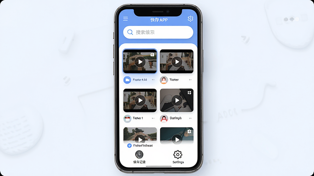�������������չʾ������Ϊһ�������ֻ���Ļ����Ļ������ʾ���APP�ļ��������棬�����Ϸ�Ϊ����������в�Ϊ��Ƶ�б�����ͼ���񣬵ײ�Ϊ�����¼������ͼ�꣬�Ű������������������ִ���ƽ����ƣ�ϸ�ڰ�����͵�������ɫ��Բ��ͼ����ϸ�����ӰЧ�������ʸ��壬�ɾ����޶���Ԫ��