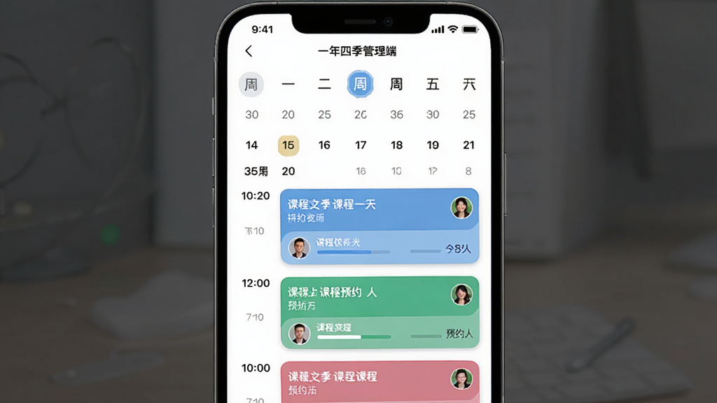 һ���ļ������˿γ����ڽ��棬����չʾ�ֻ���Ļ�ϵ�������ͼ��γ̿�Ƭ������Ϊ�Ϸ�������ѡ�������·��γ��б���ʱ�����У����Ϊ�ִ���Լ�ƶ�����ƣ�ϸ�ڰ�����ͬ��ɫ���ֿγ����͡�����ͷ����ʾ��ԤԼ���������������ʸ��壬�ɾ����޶���Ԫ��