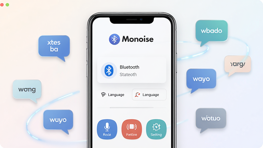 Monoise����������չʾͼ������������һ�������ֻ�����Ļ����ʾMonoiseӦ�õ���ҳ��������Monoise��Logo�����ƣ��м�����������״̬������ѡ�����򣬵ײ��з��롢¼�������õȹ��ܰ�ť������Ϊ����ǳɫ���䣬�ֻ���Χ�����Ŵ�����ͬ���ԵĶԻ�����ͼ�꣬�������ִ��Ƽ��У����ʸ��壬�ɾ��޶���Ԫ��