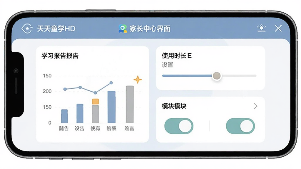 ����ͯѧHD�ҳ��ܿؽ��棬����չʾһ���ֻ���Ļ����Ļ����ʾ������ͯѧHD�ļҳ�����ҳ�棬����ѧϰ����ͼ����ʹ��ʱ�����û����ģ�鿪�ذ�ť����������������ɫ��ͣ�ϸ�����������ʸɾ����޶���Ԫ��