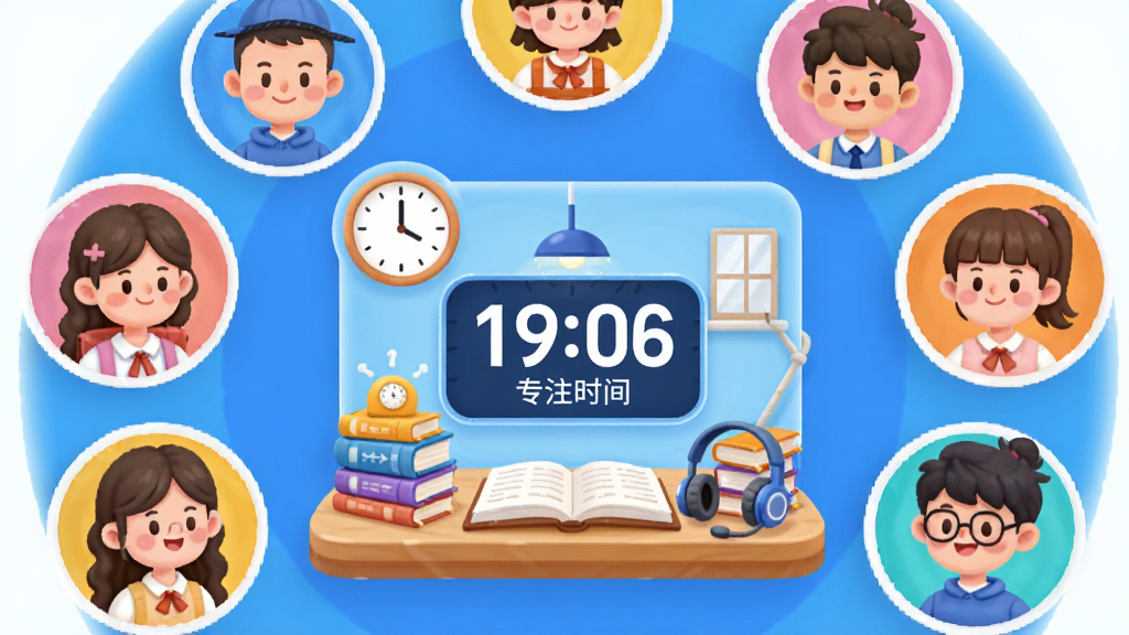 һ�š����ѡ�APP��ϰ�ҹ��ܵĳ���ͼ������չʾ�����ͨѧ��ͷ��Χ��һ��������ϰ�ң��м��м�ʱ����ʾרעʱ�������ֻ������У����������죬ϸ�ڰ���ʱ�ӡ��鱾�����������ʸ��壬�ɾ����޶���Ԫ��