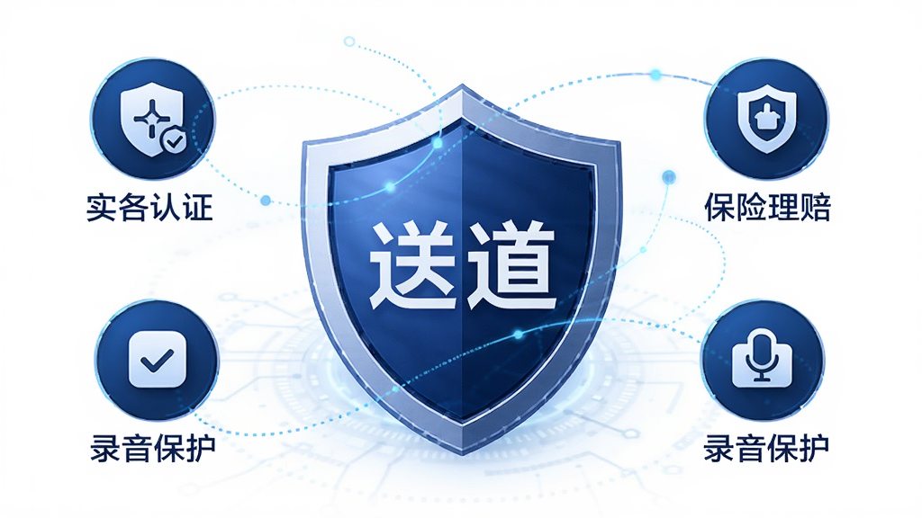 送道APP安全保障功能宣传图,画面中央是盾牌图标与送道Logo结合,周围环绕着实名认证、保险理赔、录音保护等图标,背景为深蓝色科技纹理,风格稳重可靠,画质高清,干净无多余元素